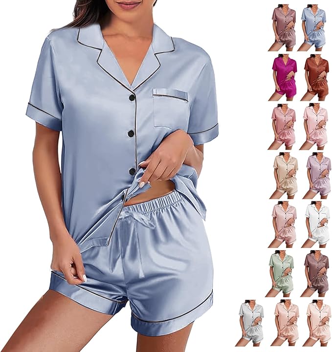 WJing Yi Jia Womens Silk Satin Pajamas Loungewear Two-Piece Sleepwear Button-Down Floral Pj Set XS-4XL