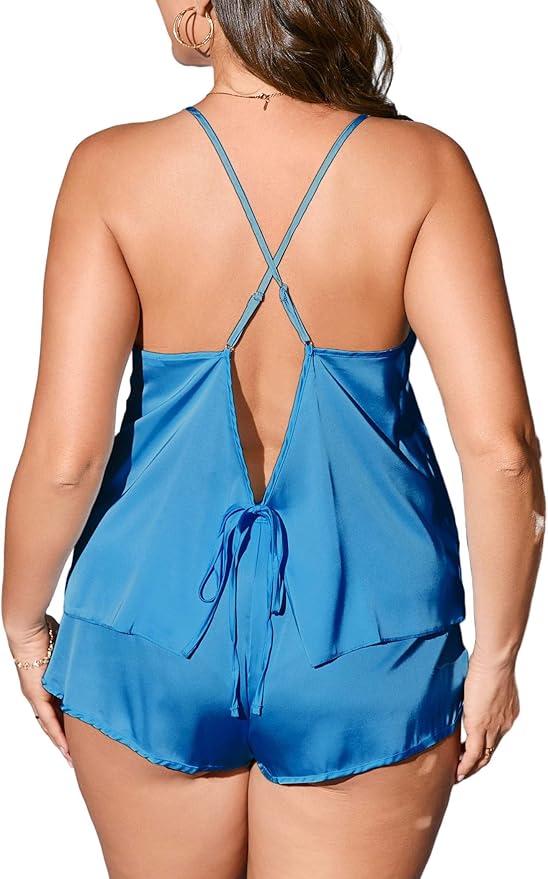 Ekouaer Silk Pajamas Set for Women Satin Backless Lingerie Pjs Cami Top and Shorts Nightwear