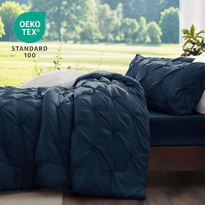 BEDELITE Navy Twin Comforter Set - 2 Peices Boho Pintuck Bedding Comforter Sets, Lightweight Soft & Warm Twin Bedding Sets with 1 Pillowcase for All Season