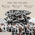 MR&HM Satin Bed Sheets with Elastic Corner Straps, King Size Sheets Set, 4 Pcs Silky Bedding Set with 15 Inches Deep Pocket for Mattress (King, Cow Print)