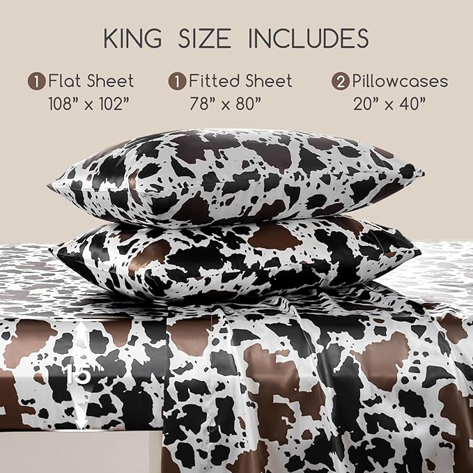 MR&HM Satin Bed Sheets with Elastic Corner Straps, King Size Sheets Set, 4 Pcs Silky Bedding Set with 15 Inches Deep Pocket for Mattress (King, Cow Print)