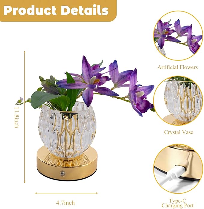 Flower Table Lamp, Orchid Flower with Crystal Vase Lamp, Cordless Touch Desk Light, 3 Colors Dimming & Rechargeable, Small Night Light for Bedroom Home, Romantic Gifts for Girl Women (Purple)