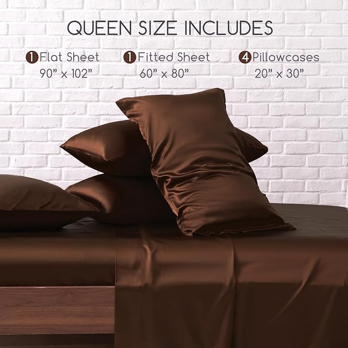 MR&HM Satin Bed Sheets, Queen Size Sheets Set, 6 Pcs Silky Bedding Set with 15 Inches Deep Pocket for Mattress (Queen, Brown)