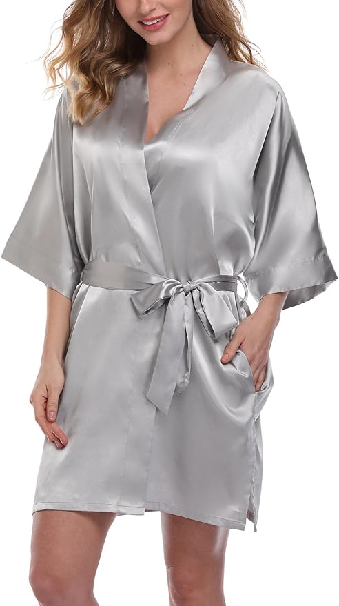 Women's Pure Color Satin Kimono Robe Short Bridesmaids Robe Dressing Gown