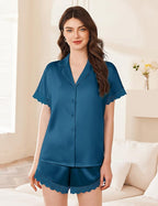 Ekouaer Womens Lace Satin Pajama Set Button Down Pj Shorts Set Bridesmaids Getting Ready Outfits Casual Sleepwear XS-XXL