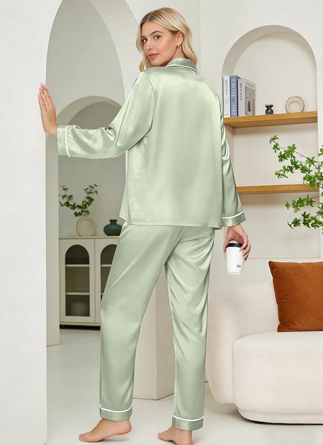 DOLOS Silk Satin Pajama Set for Women Short/Long Sleeve 2-Piece Silky Pajamas for Women Button Down Pjs Sleepwear Loungewear