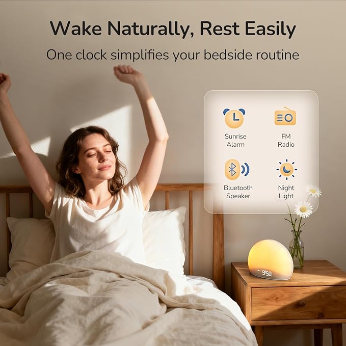 HOUSBAY Sunrise Alarm Clock Radio for Bedroom – Wake Up Naturally with Gentle Light & Nature Sounds, Relax with Bluetooth Speaker & Night Light