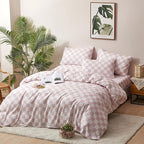 CLOTHKNOW Pink White Plaid King Size Comforter Set Grid Bedding Comforter Sets Soft Checker Geometric Comforter for Girls Women