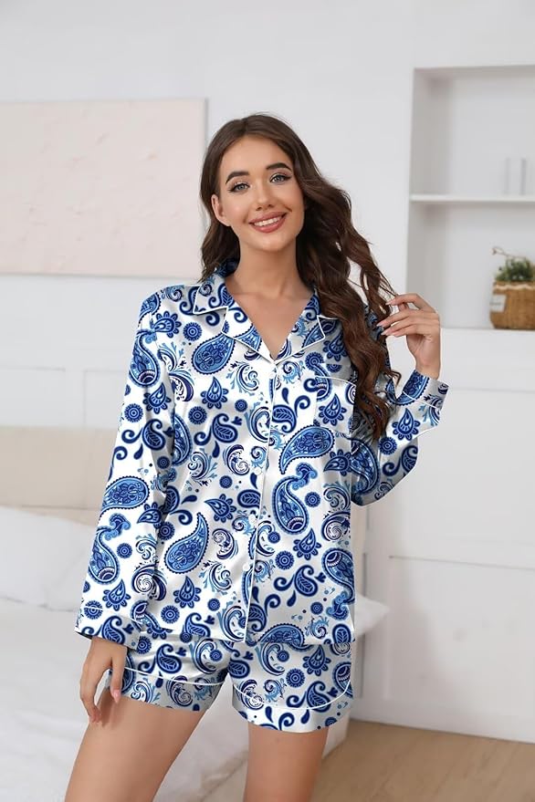 Ekouaer Satin Pajama Set for Women Button Down Pj Set Long Sleeve Top and Shorts 2 Piece Loungewear Summer Soft Sleepwear