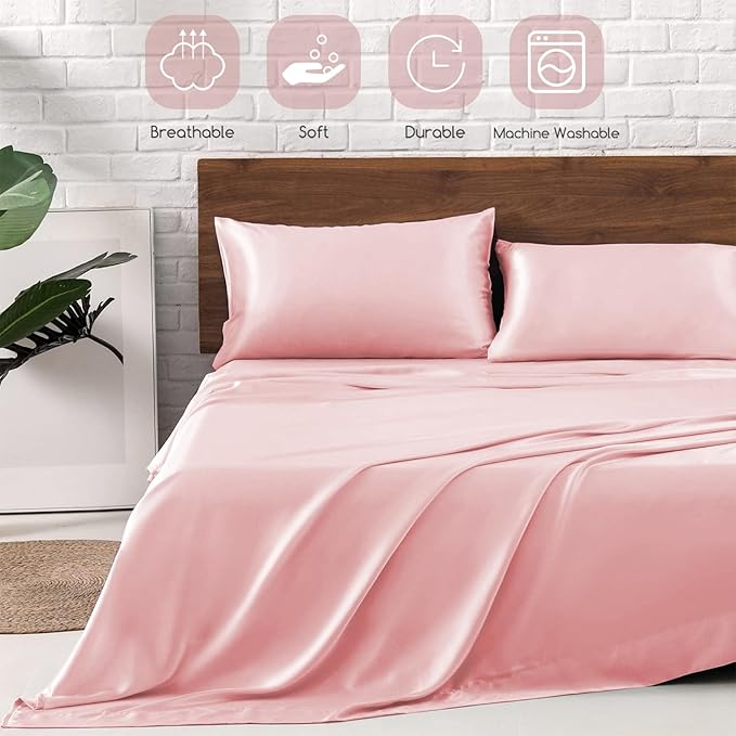 MR&HM Satin Bed Sheets, Queen Size Sheets Set, 4 Pcs Silky Bedding Set with 15 Inches Deep Pocket for Mattress (Queen, Light Pink)