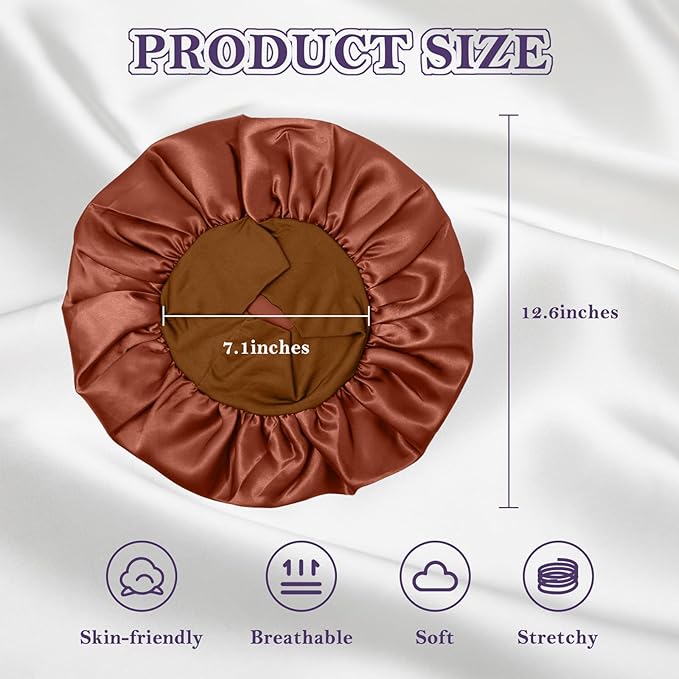 ZHENSILK 2Pcs Silk Bonnet for Sleeping, Satin Hair Bonnets, Soft Elastic Band Silk Sleep Cap, Hair Wrap for Women (Color-H Black+Brown)