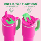 32 oz Tumbler with Handle and Straw: Stainless Steel Insulated Tumbler Keeps Cold for 24 Hours, Leakproof Travel Cup Fits in Cup Holder and BPA-Free,Knockout Pink