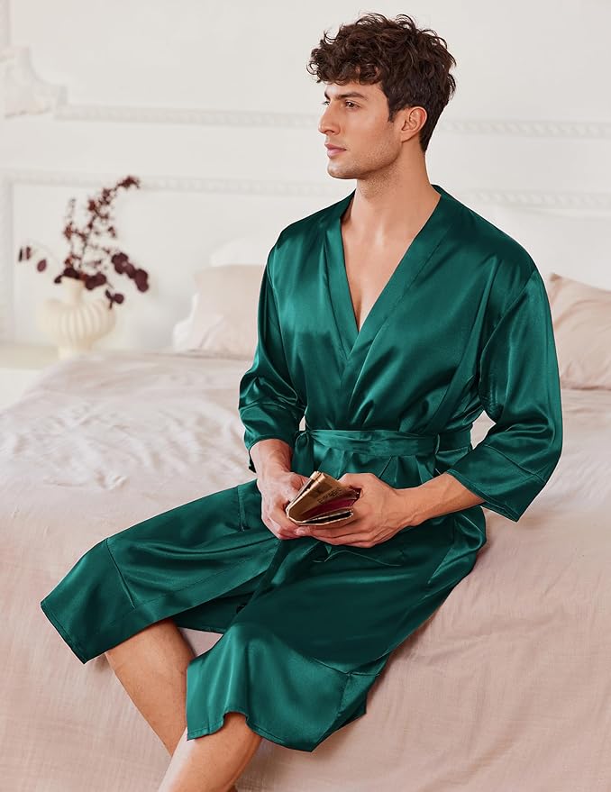 Ekouaer Mens Satin Robe Lightweight Silky Kimono Bathrobe 3/4 Sleeve Spa Knee Length Loungewear with Pockets S-3XL