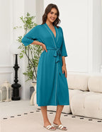 Ekouaer Robes for Women Long Knit Bathrobe Lightweight 3/4 Sleeves Kimono Robe Soft Sleepwear with Pockets S-XXL