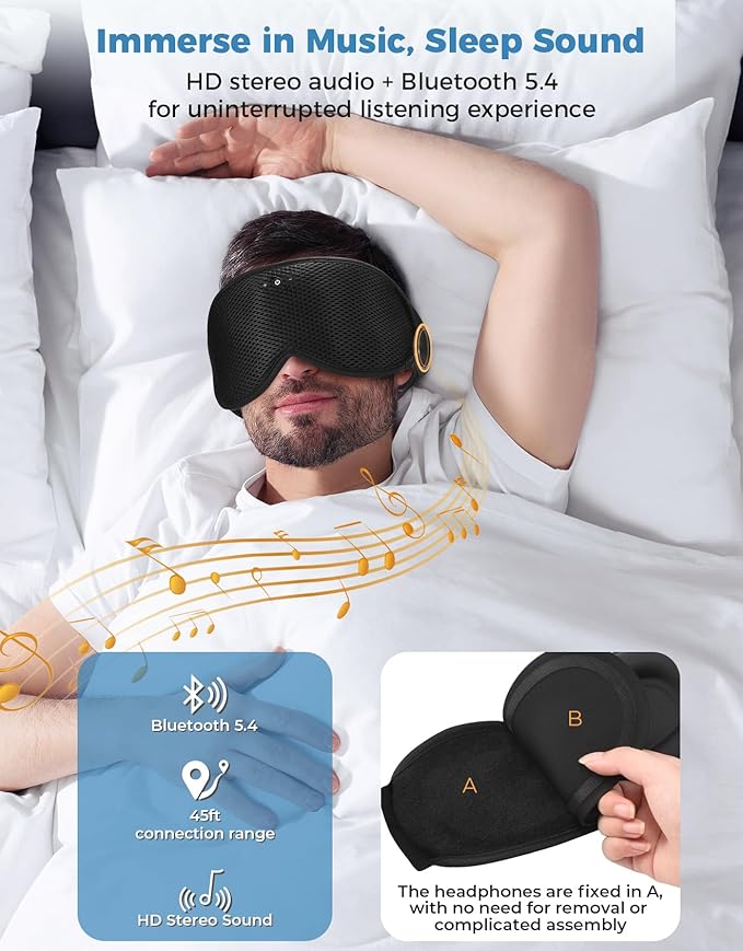 Sleep Mask with Bluetooth Headphones, Removable 3D Contoured Cup, Wireless Eye Mask for Sleep, Sleeping Headphones with Thin Stereo Speakers for Men, Women, Travel, Relaxation - Black