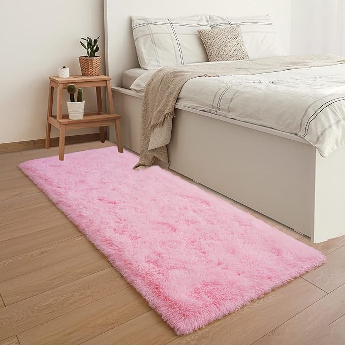 YJ.GWL Soft Area Rugs Fluffy Runner Rug for Bedroom Living Room 2x6 Feet, Pink Shag Rug Plush Carpet Non Slip for Nursery Dorm, Fuzzy Bedside Rug for Kids Boys Girls Room Home Decor