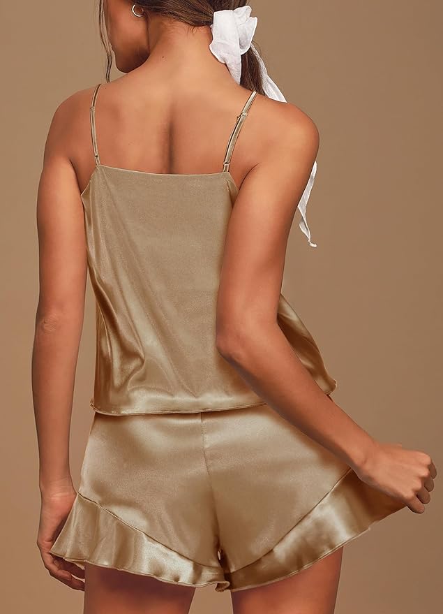 Aamikast Womens Silk Satin Pajama Sets Sexy Cami Ruffled Shorts Sets 2 Piece Pjs Sleepwear