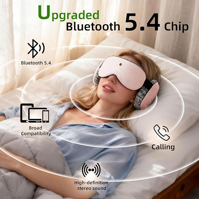 5.4 Bluetooth Sleep Mask with 12 White Noises, 3D Sleep Headphones for Women Men 100% Pressure-Free & BlockOut,Wireless Eye Mask for Side Sleepers Travel