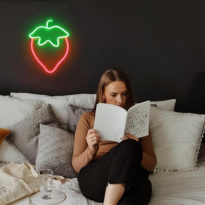 ENUOLI Strawberry Neon Sign Red Green Color Led Sign Fruit Shape Neon Light for Bedroom Wall Decor, Strawberry LED Neon Light, Bar, Fruit Shop,Kids Room Gift