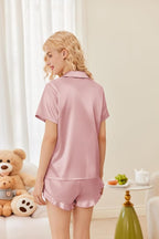 Ekouaer Womens Satin Pajamas Set Button Down 2 Piece Silk Pjs Shorts Set Ruffle Lingerie Notch Collar Sleepwear
