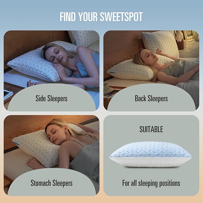 QUTOOL Firm Pillow Shredded Memory Foam, Cooling Pillow for Hot Sleeper, Adjustable Bed Pillow for Side Back Stomach Sleepers, Washable Cover, CertiPUR-US Certified, Standard Size Set of 2