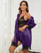Womens 4 Pcs Lingeries Silk Pajamas Robes Set Sexy Pjs Cami Shorts Satin Sleepwear Lace Loungewear