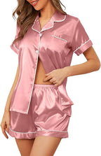 Women's Silk Pajama Set Short Sleeve Sleepwear Satin Button Down Pj Tops and Shorts 2 Piece Loungewear