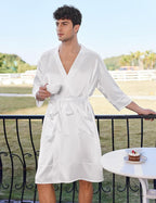 Ekouaer Mens Satin Robe Lightweight Silky Kimono Bathrobe 3/4 Sleeve Spa Knee Length Loungewear with Pockets S-3XL