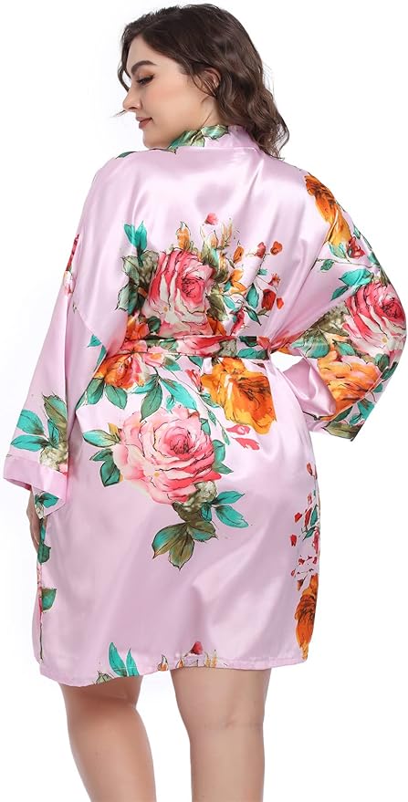MissNina Women's Floral Satin Kimono Robes Short Silky Bridesmaid Robes Sleepwear