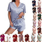WJing Yi Jia Womens Silk Satin Pajamas Loungewear Two-Piece Sleepwear Button-Down Floral Pj Set XS-4XL