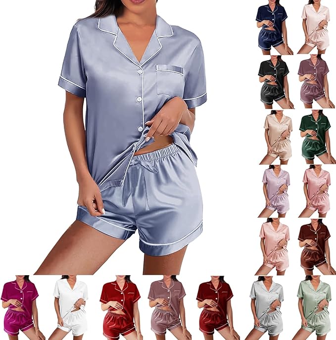 WJing Yi Jia Womens Silk Satin Pajamas Loungewear Two-Piece Sleepwear Button-Down Floral Pj Set XS-4XL