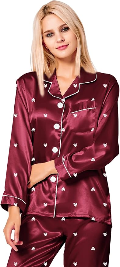SWOMOG Womens Silk Satin Pajamas Set Long Sleeve Button Down Sleepwear 2 Piece Lounge Set Pj Set XS-3XL