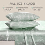 MR&HM Satin Bed Sheets with Elastic Corner Straps, Full Size Sheets Set, 4 Pcs Silky Bedding Set with 15 Inches Deep Pocket for Mattress (Full, Floral Sage)