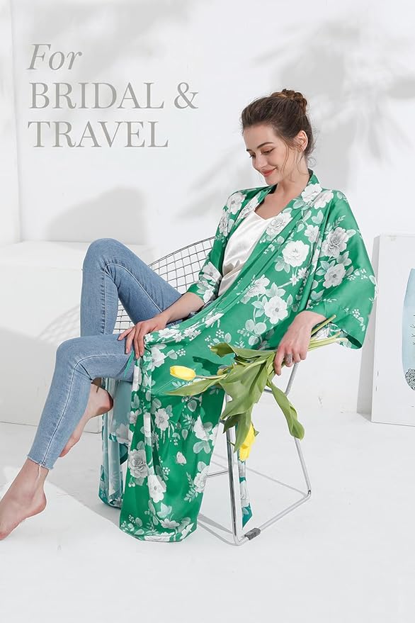 Aensso Long Soft Lightweight Silky Kimonos Robes for Women, Luxury Japanese Floral Womens Kimono Robe