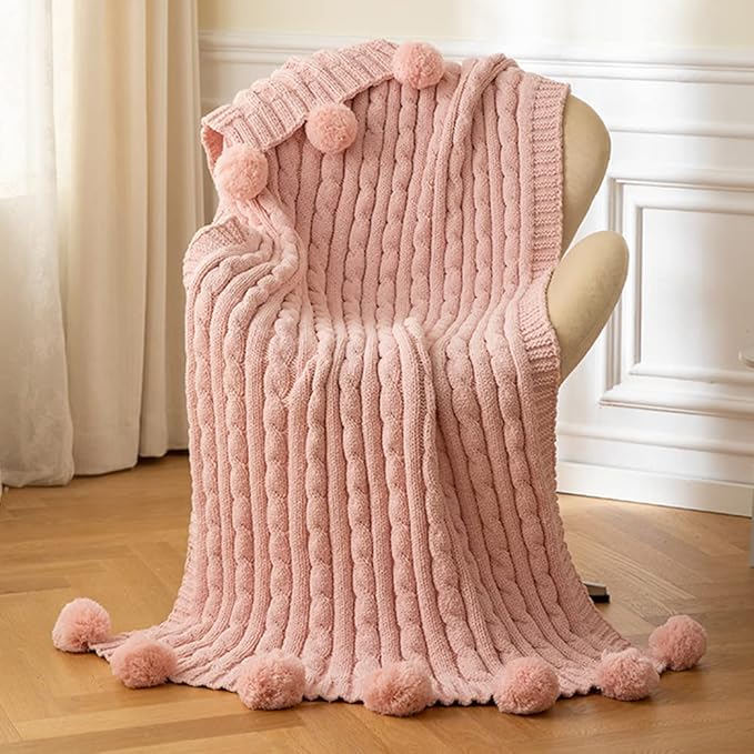 ATMOSURELY Ultra Soft Pink Chenille Cable Knit Throw Blanket with Handmade Pom Poms Cozy Fluffy Knitted Blanket Lightweight Warm Woven Farmhouse Blanket for Bed Sofa Couch 50x60 Inches (Pink)