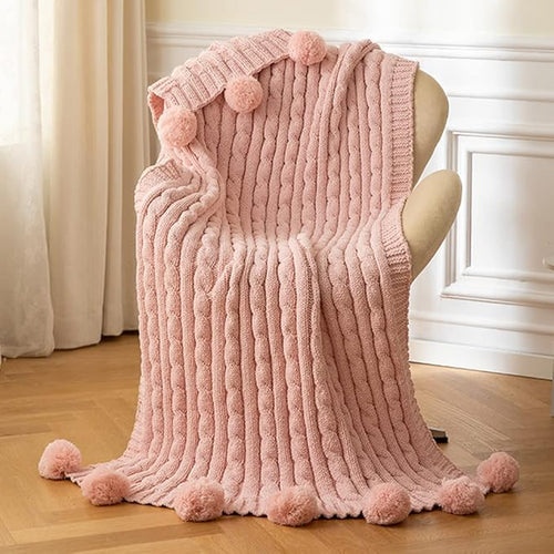ATMOSURELY Ultra Soft Pink Chenille Cable Knit Throw Blanket with Handmade Pom Poms Cozy Fluffy Knitted Blanket Lightweight Warm Woven Farmhouse Blanket for Bed Sofa Couch 50x60 Inches (Pink)