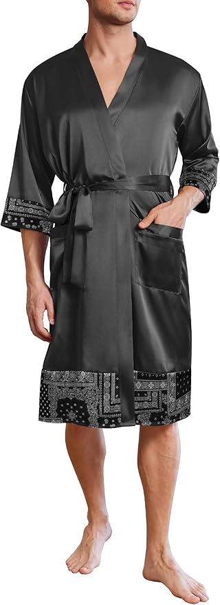 Ekouaer Mens Satin Robe Lightweight Silky Kimono Bathrobe 3/4 Sleeve Spa Knee Length Loungewear with Pockets S-3XL