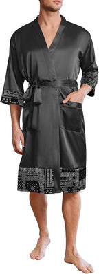 Ekouaer Mens Satin Robe Lightweight Silky Kimono Bathrobe 3/4 Sleeve Spa Knee Length Loungewear with Pockets S-3XL