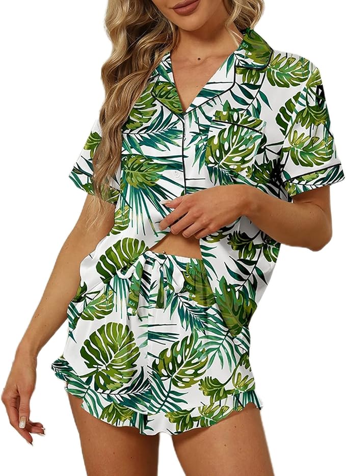 SAPJON Satin Silk Pajamas for Women 2Pcs Ruffle Notch Collar Sleepwear Button Down Short Sleeve Shorts Pjs Set Loungewear