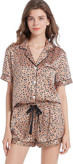 Serenedelicacy Women's Satin Pajama Set 2-Piece Sleepwear Loungewear Button Down Short Sleeve Silky PJ Set