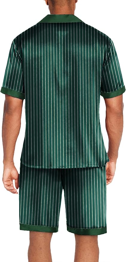 Ekouaer Men Satin Silk Pajamas Set with Pockets Sleepwear Shorts Satin Summer Loungewear 2 Piece Button Down Set S-3XL