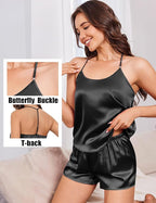Ekouaer Silk Satin Pajamas Set for Women T-back Lingerie Pjs Cami Top and Shorts Sleepwear Gift for Honeymoon Party