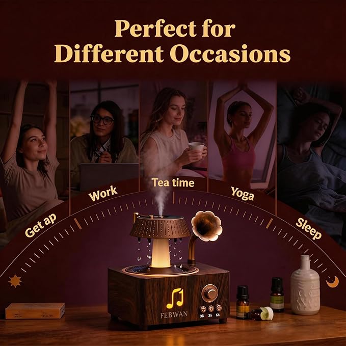 Rotating Water Droplet Aromatherapy Diffuser, Vintage Record Player Essential Oil Diffuser with Bluetooth Speaker, Ultrasonic Humidifier, Colorful Lights, Timer, Remote Control, 250ml, Gift
