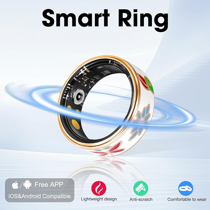 Smart Ring for Women & Men, Fitness Tracker with Heart Rate, SpO2, Blood Pressure & Sleep Monitoring, IP68 Waterproof, Long Battery Life, No Monthly Fees, for iPhone Android (8#&Floral)