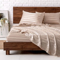 MR&HM Satin Bed Sheets, Full Size Sheets Set, 4 Pcs Silky Bedding Set with 15 Inches Deep Pocket for Mattress (Full, Champagne Striped)
