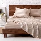 MR&HM Satin Bed Sheets, Full Size Sheets Set, 4 Pcs Silky Bedding Set with 15 Inches Deep Pocket for Mattress (Full, Champagne Striped)