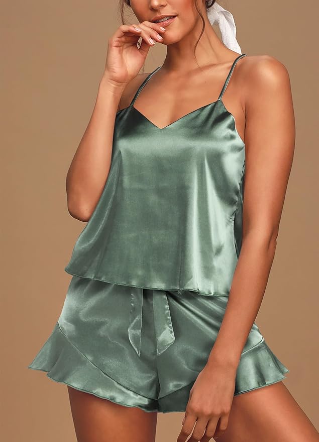 Aamikast Womens Silk Satin Pajama Sets Sexy Cami Ruffled Shorts Sets 2 Piece Pjs Sleepwear