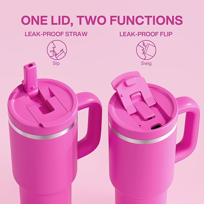 ENCOOL 40 oz Tumbler with Handle and Straw: Stainless Steel Insulated Tumbler Keeps Cold for 24 Hours, Leakproof Travel Cup Fits in Cup Holder and BPA-Free,Persian Rose