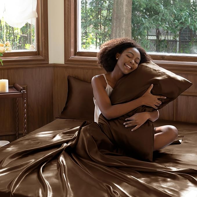 CozyLux Satin Sheets Full Size Sheets - 6 Piece Silky Full Size Bed Sheets, Luxury Brown Full Bed Set with Smooth and Soft Microfiber, Includes 1 Fitted Sheet, 1 Flat Sheet and 4 Pillowcases