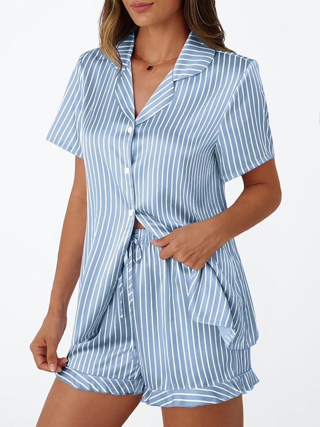 LILLUSORY Womens Satin Silk Pajamas Set 2 Piece Ruffle Pjs Winter Matching Lounge Sleepwear Button Down Striped Shirt Shorts